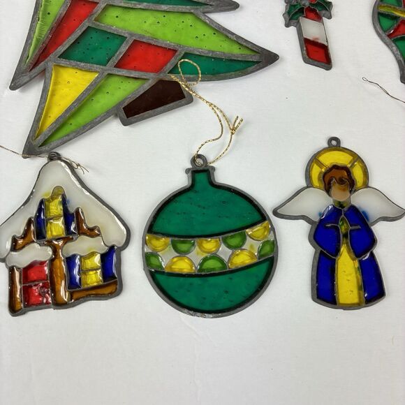 Vintage Stained Glass Style Christmas Ornaments Sun Catchers Lot Of 13 Pcs - Picture 2 of 9